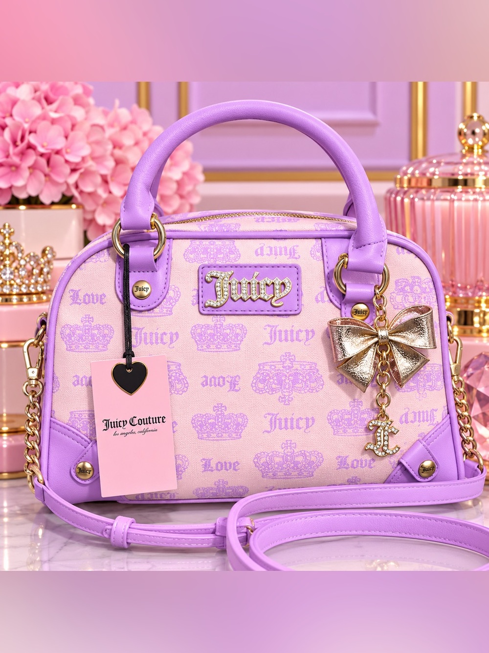 Juicy Couture Lavender & Pink Dome Satchel with Gold Bow Charm